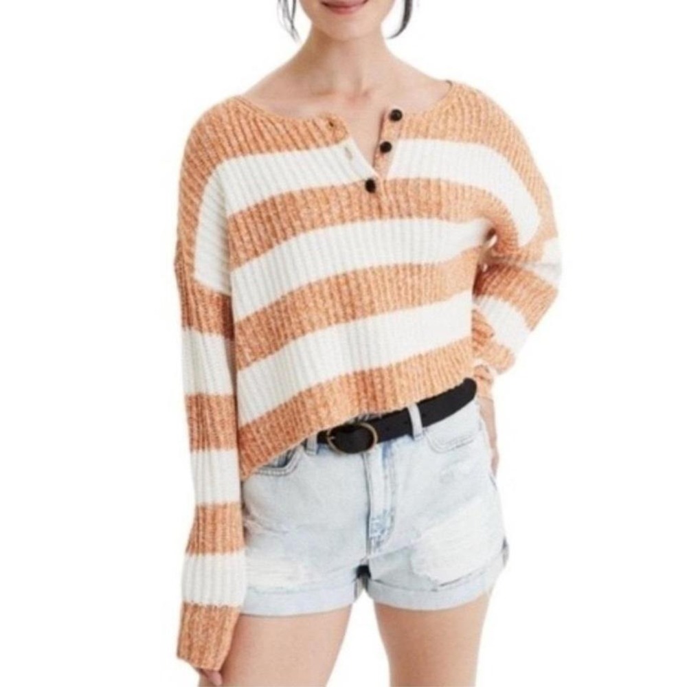 AMERICAN EAGLE Women Striped Henley Sweater Large Boho Coastal Cottagecore Knit‎